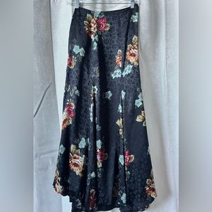 Jones New York- Black Floral Silk, Midi Flared Skirt